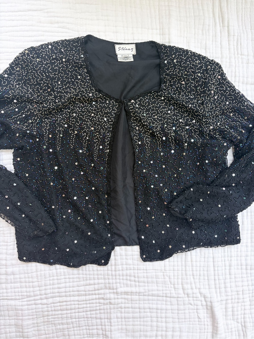 Vintage Stenay Beaded Sequin Evening Jacket Black Open Front XL 90s Cropped